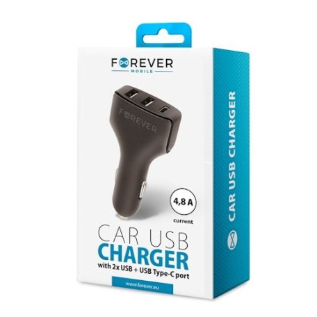 Forever CC-05 Super Fast szivargyújtó töltő 2x USB és 1x Type-C foglalattal, (Max 4.8A) 24W