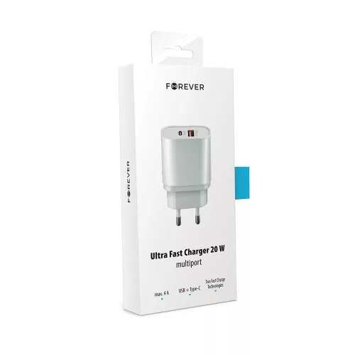 Forever QC3.0 hálózati gyorstöltőfej USB és Type-C csatlakozóval 4A fehér (20W)