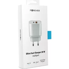   Forever Core PD QC hálózati töltőfej 1x USB és 1x Type-C foglalattal, kijelzővel fehér 20W