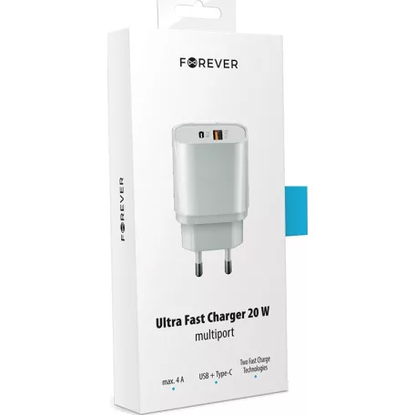 Forever Core PD QC hálózati töltőfej 1x USB és 1x Type-C foglalattal, kijelzővel fehér 20W