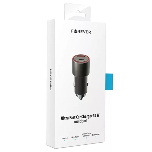 Forever Core PD QC 3.0 szivargyújtó töltő 1 x USB és 1 x Type-C csatlakozóval 36W