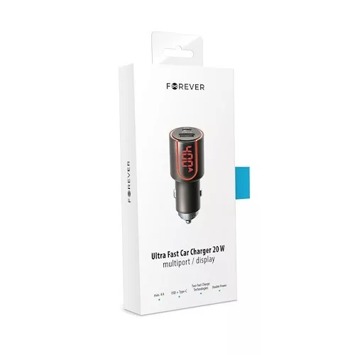 Forever Super Fast szivargyújtó töltő 1x USB és 1x Type-C foglalattal, Led háttérvilágíítással (Max 6A) 30W