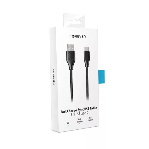 Forever USB - Type-C fekete szövetbevonatos adatkábel 3A 3m