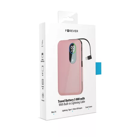 Forever power bank micro USB / Type-C / Lightning csatlakozóval 5000mAh pink (max 2A) 10W
