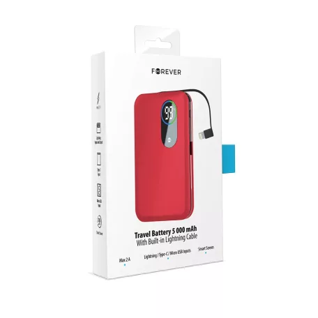 Forever power bank micro USB / Type-C / Lightning csatlakozóval 5000mAh piros (max 2A) 10W