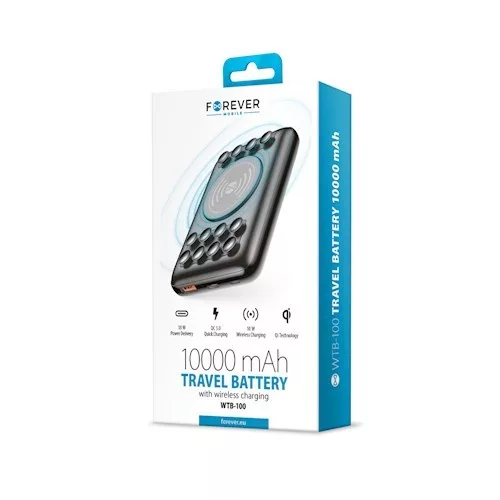 Forever WTB-100 power bank vezeték nélküli QI töltéssel 1x USB és 1 Type-C foglalattal 10000mAh fekete (max 3A) 18W