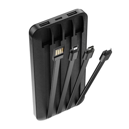 Forever TB-411 power bank 2xUSB foglalattal és USB - Lightning (8Pin) - Type-C - micro USB kábelekkel 10000mAh fekete (max 2A) 10W