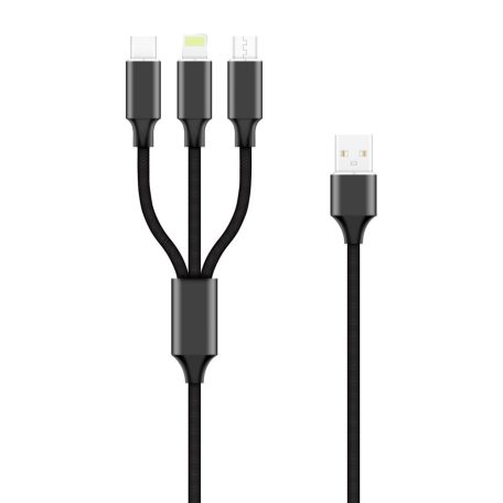 Forever 3in1 USB - Lightning (8Pin) - Type-C - MicroUSB fekete adatkábel 2A 1m