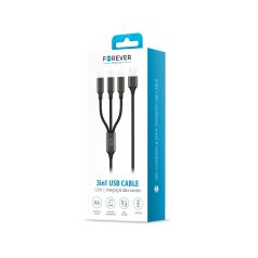   Forever 3in1 USB - Lightning (8Pin) - Type-C - MicroUSB fekete adatkábel 2A 1m