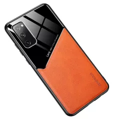   Lens tok - Xiaomi Redmi Note 9S / 9 Pro narancssárga üveg / bőr tok beépített mágneskoronggal