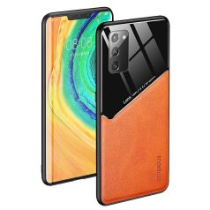   Lens tok - Xiaomi Redmi Note 9S / 9 Pro narancssárga üveg / bőr tok beépített mágneskoronggal