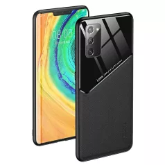   Lens tok - Apple iPhone 13 Pro Max (6.7) fekete üveg / bőr tok beépített mágneskoronggal