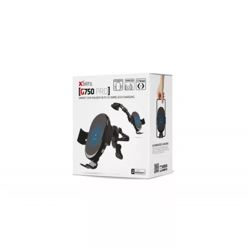 Xblitz G750 PRO fekete automata, univerzális autós tartó vezeték nélküli (QI) töltéssel, szellőzőre, műszerfalra, 10W