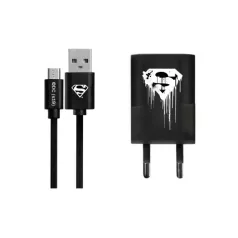  USB kábel DC - Superman 001 USB - micro USB adatkábel hálózati töltővel 1m fekete 1A