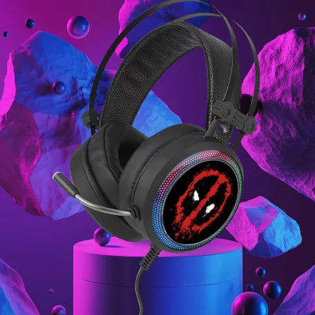 Marvel fejhallgató - Deadpool 001 USB-s gamer fejhallgató RGB színes LED világítással, állítható mikrofonnal (MHPGDPOOL001)