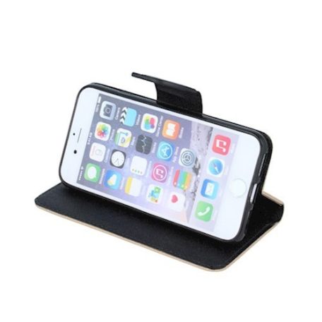 Fancy Apple iPhone 14 Pro Max (6.7) oldalra nyíló mágneses könyv tok szilikon belsővel arany - fekete