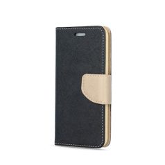   Fancy Apple iPhone 14 Plus (6.7) oldalra nyíló mágneses könyv tok szilikon belsővel fekete - arany