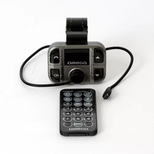 Omega F28 autós bluetooth kihangosító + FM Transmitter, BT V2.1+EDR, LCD kijelző, USB, MicroSD, mikrofon (OUTF28)