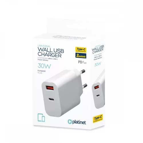 Platinet hálózati gyorstöltőfej USB és Type-C csatlakozóval 2x5V/3A fehér (30W)