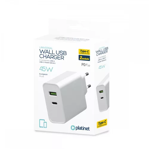 Platinet hálózati gyorstöltőfej USB és Type-C csatlakozóval 20V/2.25A fehér (45W)