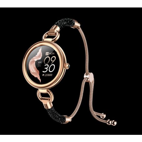 Maxcom FW51 Crystal fekete - arany IP68 vízálló női okosóra pulzus és vérnyomásmérővel olaj / parfümös üvegcsével