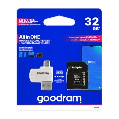   Goodram microSDHC 32GB Class 10 memóriakártya SD adapterrel, Micro USB / USB OTG kártyaolvasóval és Artisjus matricával - M1A4-0320R12