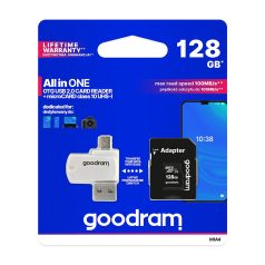   Goodram microSDHC 128GB Class 10 memóriakártya SD adapterrel, Micro USB / USB OTG kártyaolvasóval és Artisjus matricával - M1A4-1280R12