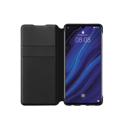 Huawei P30 Wallet Cover fekete oldalra nyíló gyári PU mágneses tok