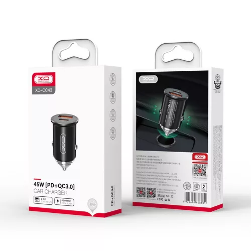 XO CC43 PD QC 3.0 hálózati töltőfej 1x USB és 1x Type-C foglalattal fekete 45W