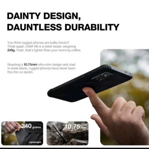 AGM H6 Lite ütés- és vízálló 4+128GB IP68 érintős mobiltelefon, kártyafüggetlen, Dual Sim, fekete, 6,56 inch