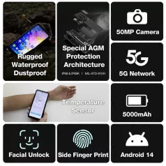  AGM X6 5G ütés- és vízálló 8+128GB IP69K hőérzékelővel ellátott mobiltelefon, kártyafüggetlen, Dual Sim, 6,78 inch