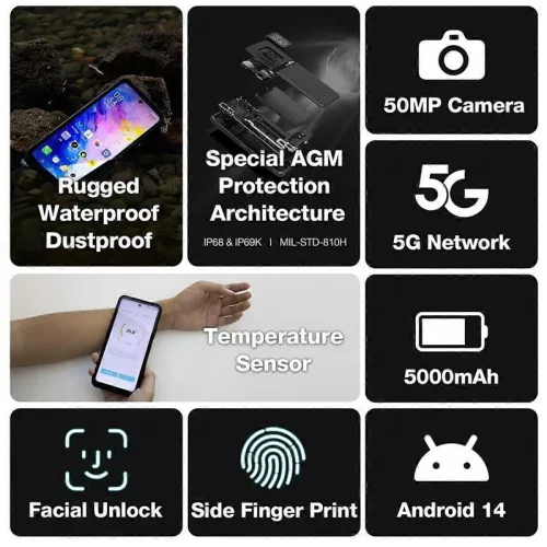 AGM X6 5G ütés- és vízálló 8+128GB IP69K hőérzékelővel ellátott érintős mobiltelefon, kártyafüggetlen, Dual Sim, 6,78 inch