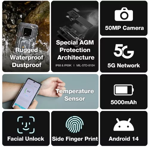 AGM X6 Phantom 5G ütés- és vízálló 8+128GB IP69K hőérzékelős érintős mobiltelefon, kártyafüggetlen, Dual Sim, áttetsző hátlappal, 6,78 inch