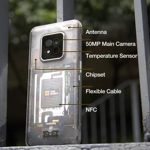 AGM X6 Phantom 5G ütés- és vízálló 8+128GB IP69K hőérzékelős érintős mobiltelefon, kártyafüggetlen, Dual Sim, áttetsző hátlappal, 6,78 inch
