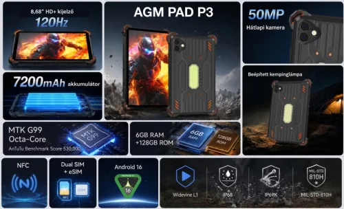 AGM PAD P3 Compact 4G ütés- és vízálló 6 / 128GB IP68 Tablet, kártyafüggetlen, Dual Sim, fekete, 8.68 inch