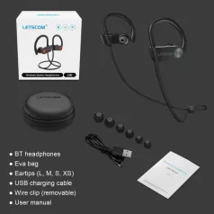   Letscom U8I Bluetooth 5.0 sztereó sport fekete headset prémium tokkal