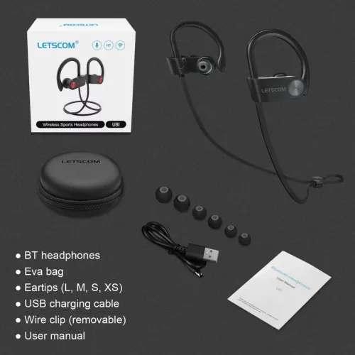 Letscom U8I Bluetooth 5.0 sztereó sport fekete headset prémium tokkal