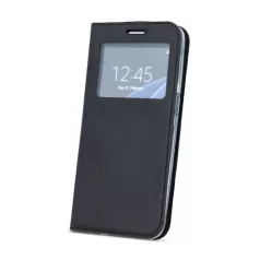   Smart Look Huawei Y7 Prime (2018) oldalra nyíló bőrhatású ablakos könyv tok szilikon belsővel fekete