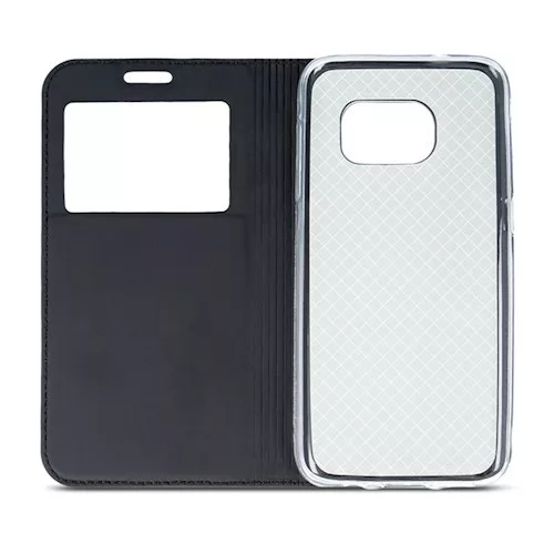 Smart Look Huawei Y7 Prime (2018) oldalra nyíló bőrhatású ablakos könyv tok szilikon belsővel fekete