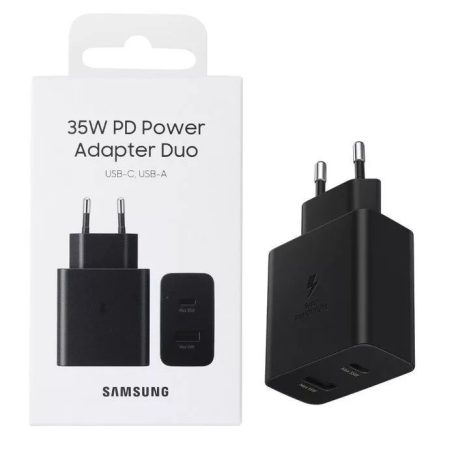 BLISZTERES Samsung Duo EP-TA220NBEGEU gyári hálózati fekete gyorstöltő 3A 35W (1x Type-C / 1x USB)