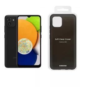   Samsung A035G Galaxy A03 (2021) 4/64GB Dual SIM kártyafüggetlen érintős mobiltelefon, fekete fekete gyári hátlapvédő tokkal, 6.5 inch