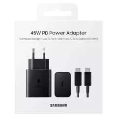   BLISZTERES Samsung EP-T4511XBEGEU gyári hálózati fekete gyorstöltő 3A 45W EP-DX510JBE fekete gyári Type-C - Type-C adatkábellel