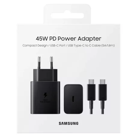 BLISZTERES Samsung EP-T4511XBEGEU gyári hálózati fekete gyorstöltő 3A 45W EP-DX510JBE fekete gyári Type-C - Type-C adatkábellel