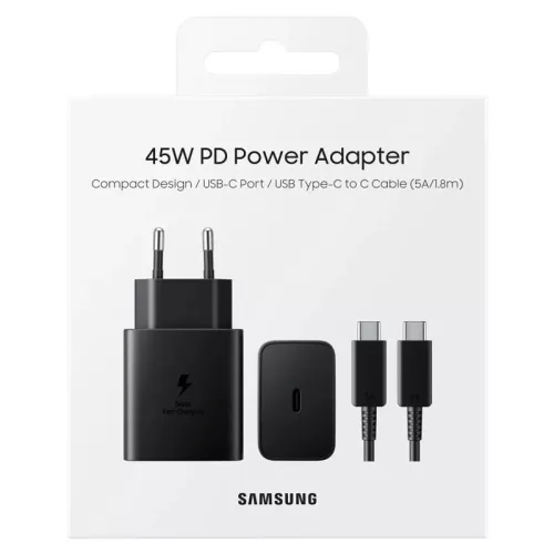 BLISZTERES Samsung EP-T4511XBEGEU gyári hálózati fekete gyorstöltő 3A 45W EP-DX510JBE fekete gyári Type-C - Type-C adatkábellel