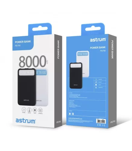 Astrum PB780 V2 fekete power bank 8000MAH 2XUSB 2A input, 2,1A/1A output, LED kijelzővel, Li-Polymer akkucellákkal 10W