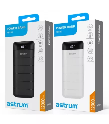 Astrum PB130 V2 gumírozott külső akkumulátor 13000mAh 2X USB, 2A input, 2A output fehér 10W
