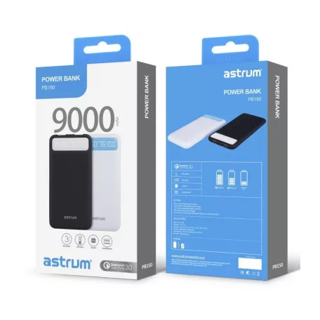 Astrum PB150 v2 gyorstöltő (QuickCharge 3.0) Power Bank 9000mAh, Li-Polymer akkucella, Dual USB 3A fehér 15W