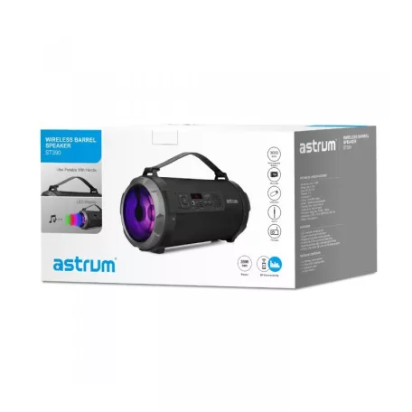 Astrum ST390 fekete gumírozott hordozható bluetooth hangszóró FM rádióval, micro SD olvasóval, karpánttal, LED világítással, AUX, USB, EQ, 35W