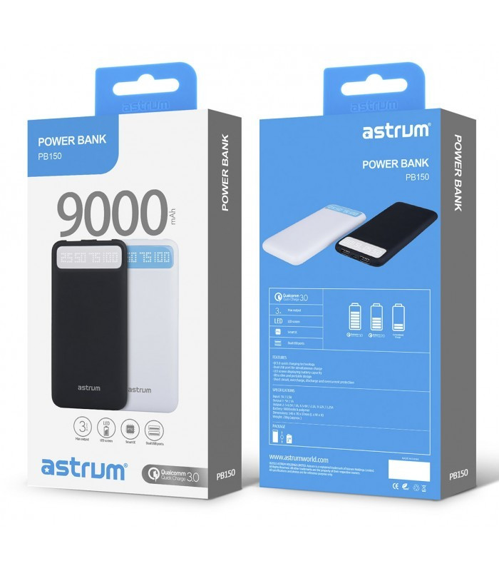 Astrum PB150 v2 gyorstöltő (QuickCharge 3.0) Power Bank 9000mAh, Li-Polymer akkucella, Dual USB 3A fehér 15W